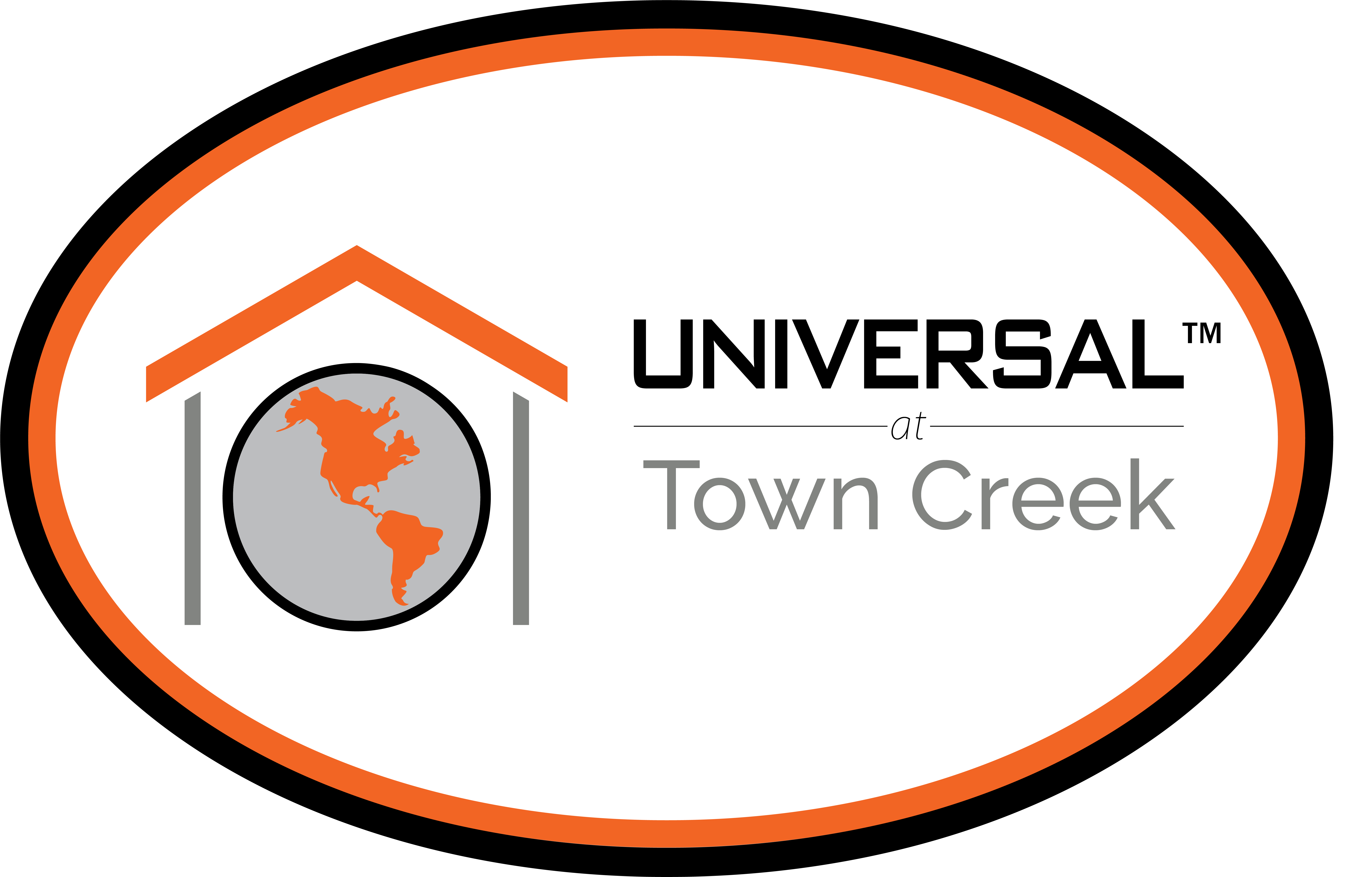 A logo with a globe and a house icon with the text "UNIVERSAL at Town Creek".